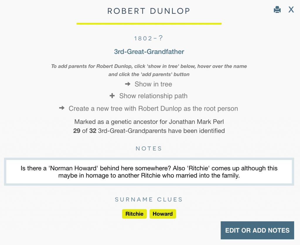 Notes and hints on ancestral trees - an example showing Robert Dunlop, who farmed at Ballyreagh, county Antrim. His family apparently previously resided in Portaferry and Ballynahinch, County Down