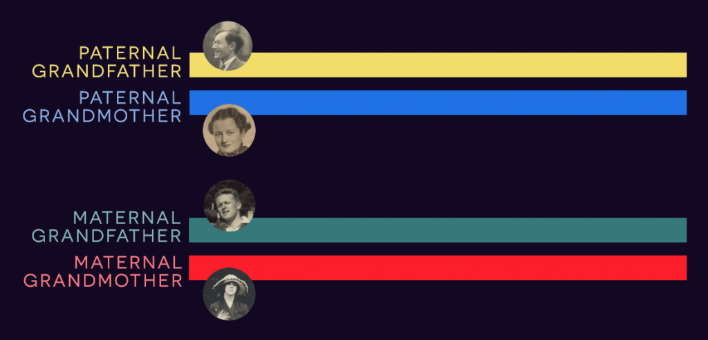 Diagram of the 'reference chromosomes' for my parents representing the specific DNA they inherited from their parents, my grandparents. All their descendants inherited parts of this specific DNA. 