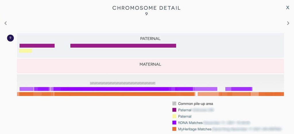 Chromosome 9 detail for person A showing segments sorted on the maternal and paternal copies