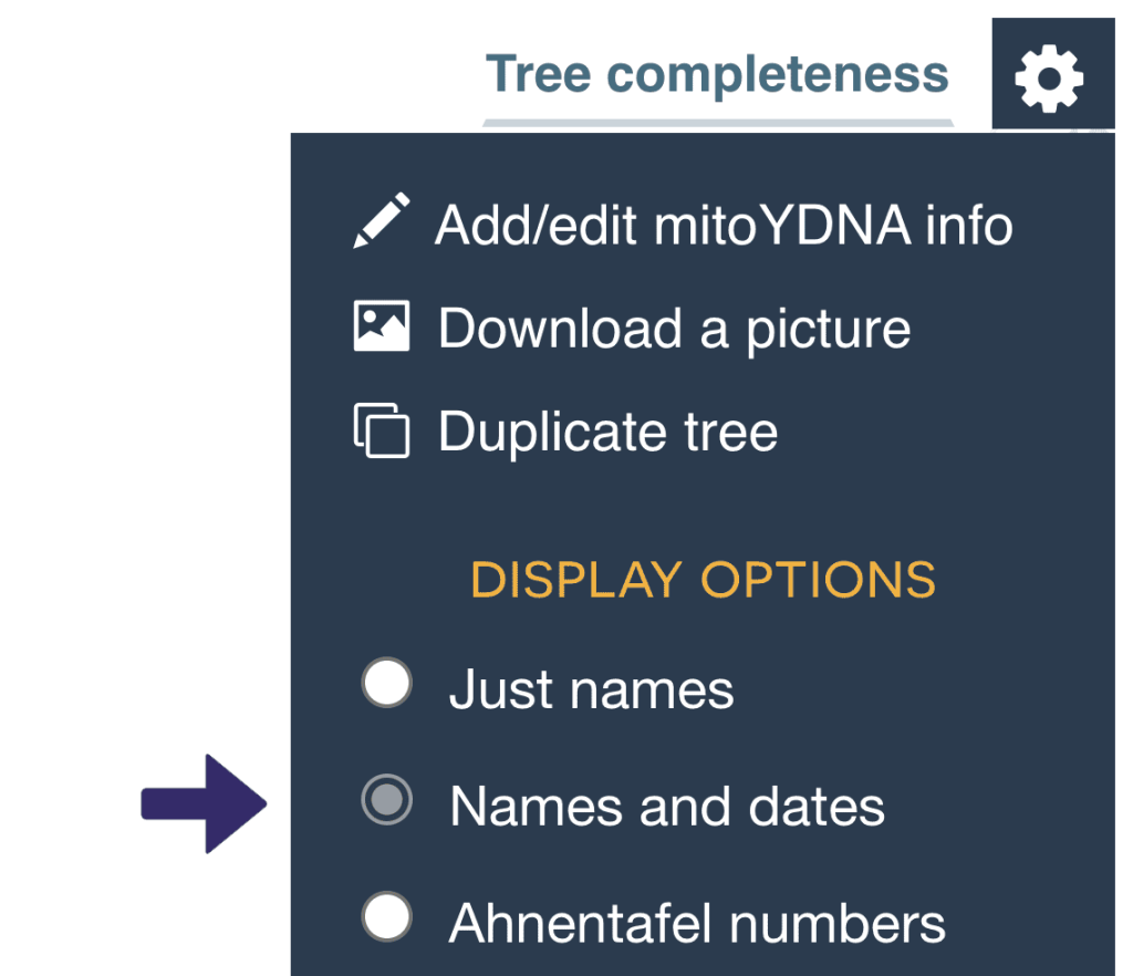 The new display option to show names and dates in ancestral trees