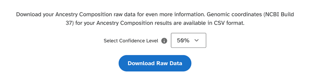 The confusingly named 'Download raw data' button on the 23andMe Ancestry Composition page.