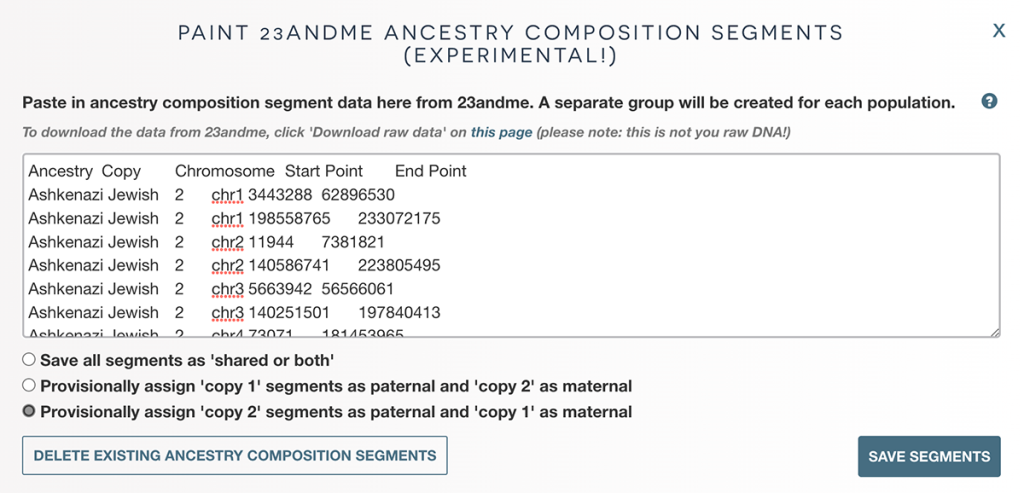 The form where you paste 23andMe ancestry composition segments into DNA Painter