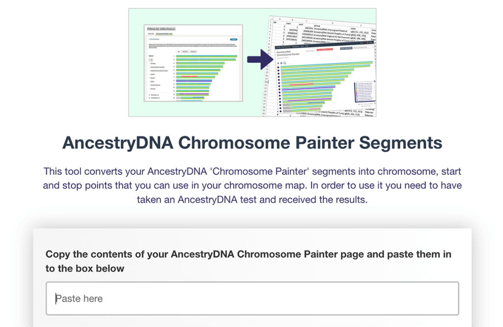 The AncestryDNA Chromosome Painter segments tool at DNA Painter showing the 'paste here' box