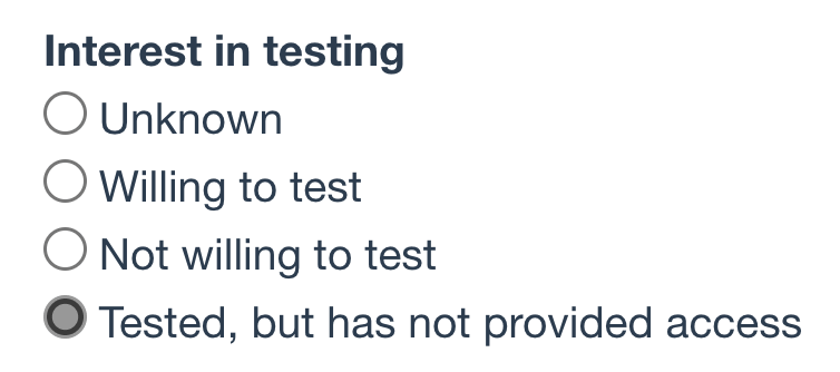 A new option under 'interest in testing' for those who want to indicate if access has been provided