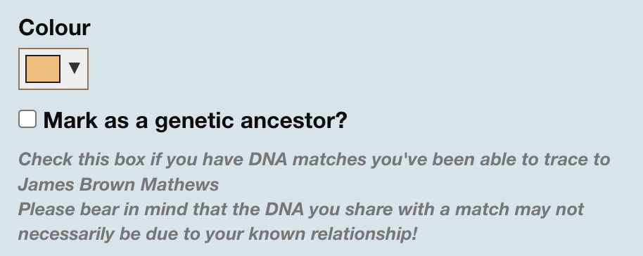 Screenshot showing where you mark a genetic ancestor within the 'edit person' form
