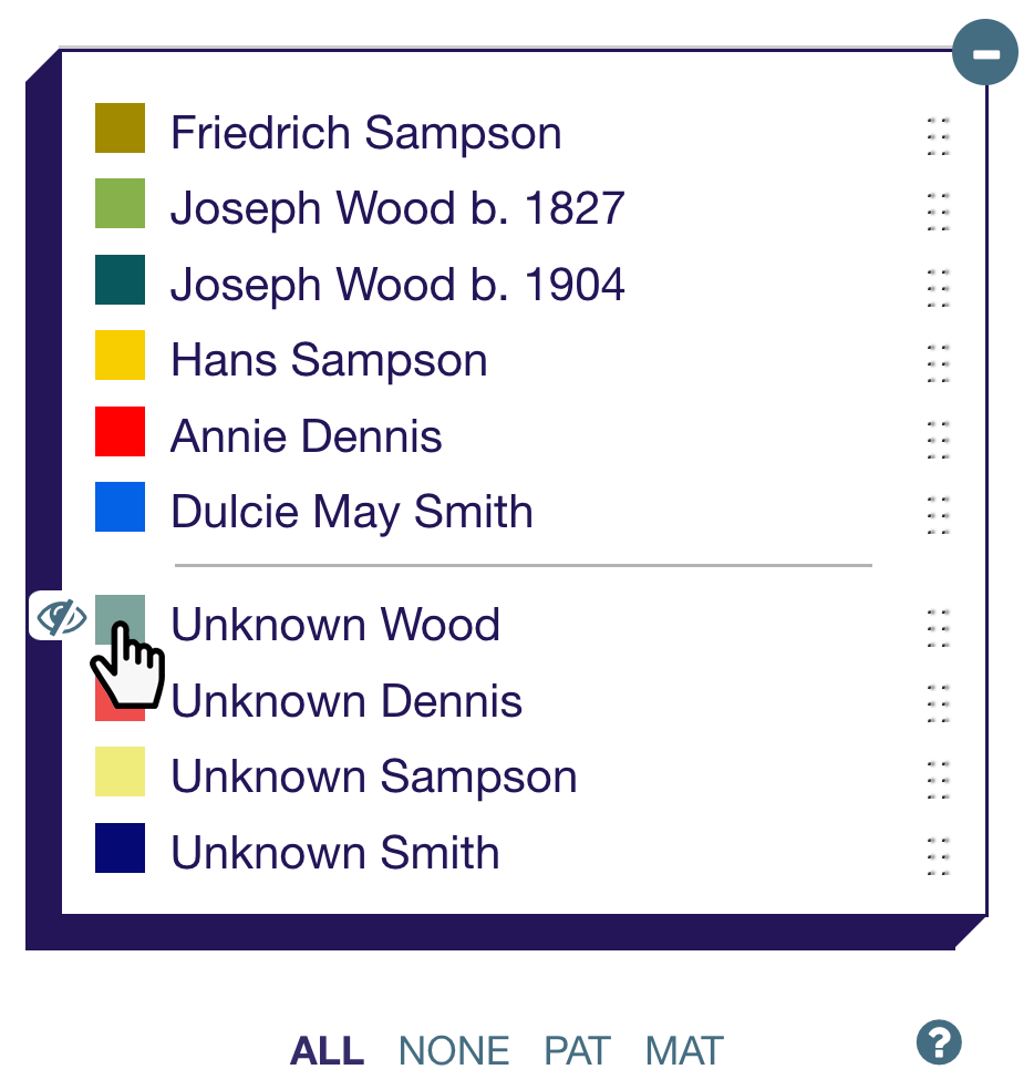 Screenshot of the key showing the links at the bottom. Clicking the green square to the left of 'Unknown Wood' will hide all segments in this group.