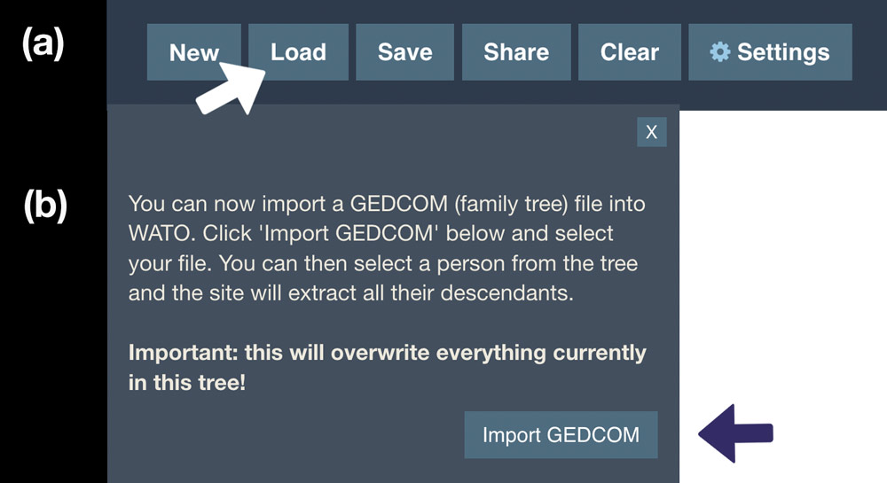 Screenshots showing where to find the import GEDCOM function in the original WATO