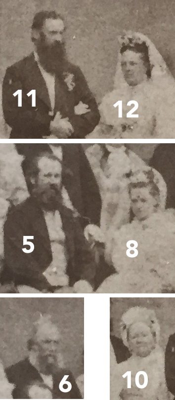 Detail of the bride and groom, their brother and sister, and their surviving parents.