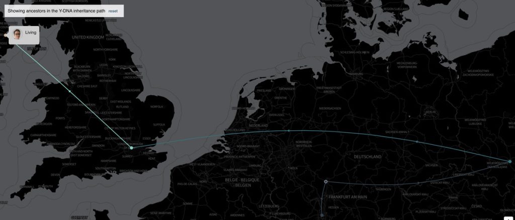 The ancestral birthplaces of ancestors in my Y-DNA inheritance path