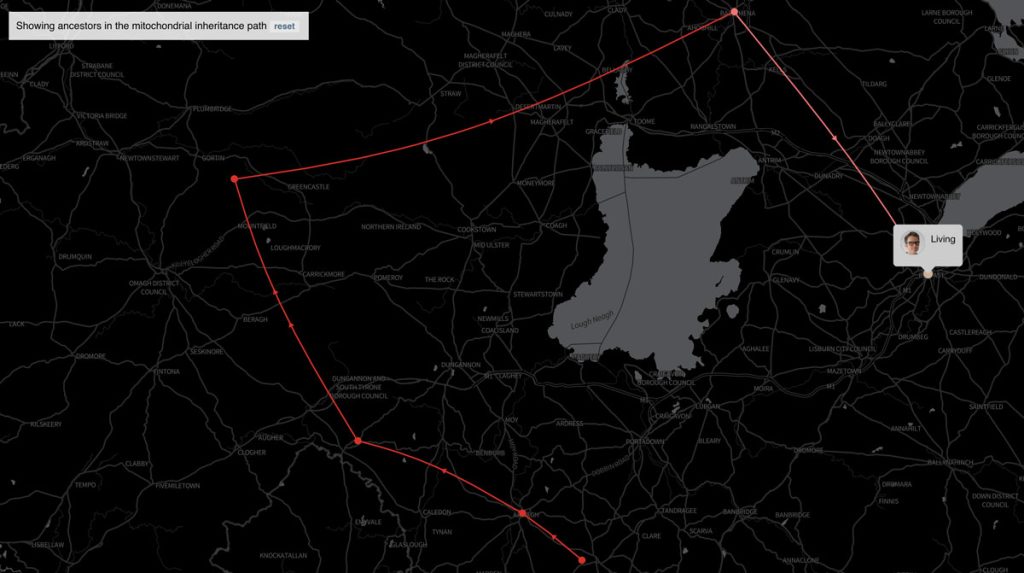 The ancestral birthplaces of ancestors in my mitochondrial DNA inheritance path