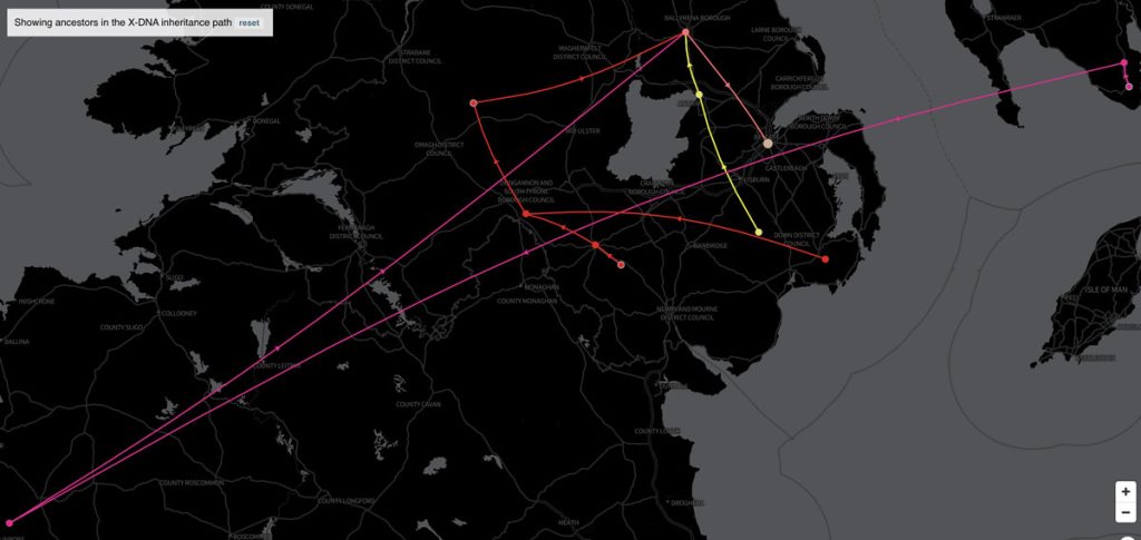 The ancestral birthplaces of ancestors in my X-DNA inheritance path