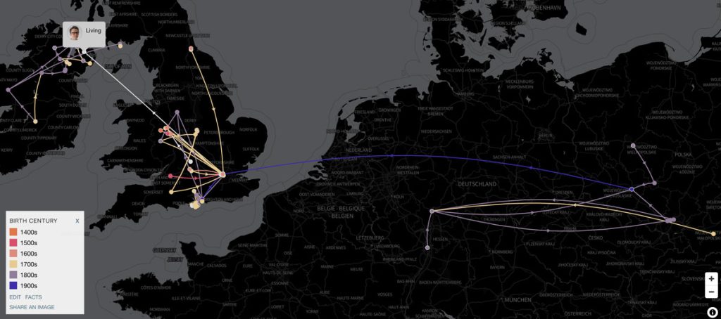 A map showing my ancestral birthplaces colour coded according to the ancestor's century of birth