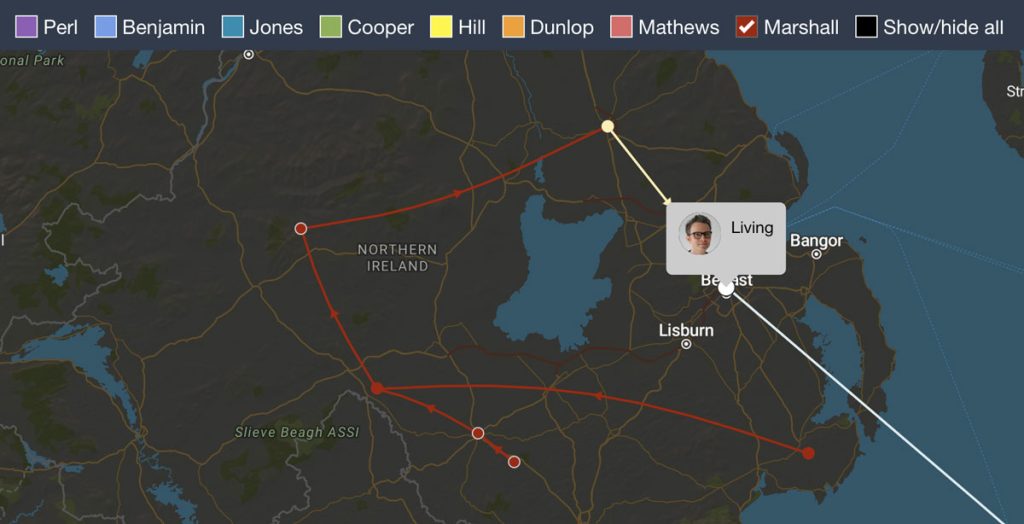 Map view showing checkboxes for great-grandparent family lines