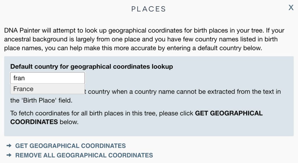 The places overlay where you can enter a country to use for geolocation if no country is specified