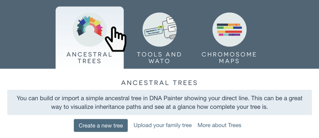 The logged-in dashboard on the homepage showing the ancestral trees tab