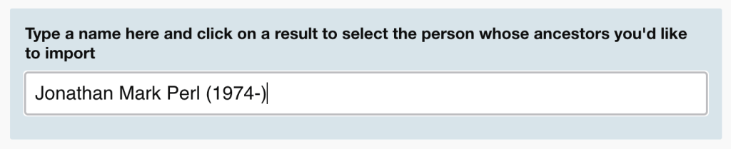 The blue form after I've clicked 'Jonathan Mark Perl' to select that person as the root person in the tree.