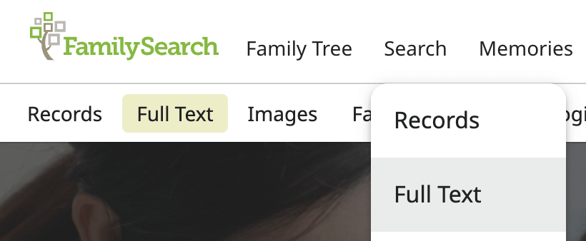The Full Text option within the search navigation at FamilySearch.org